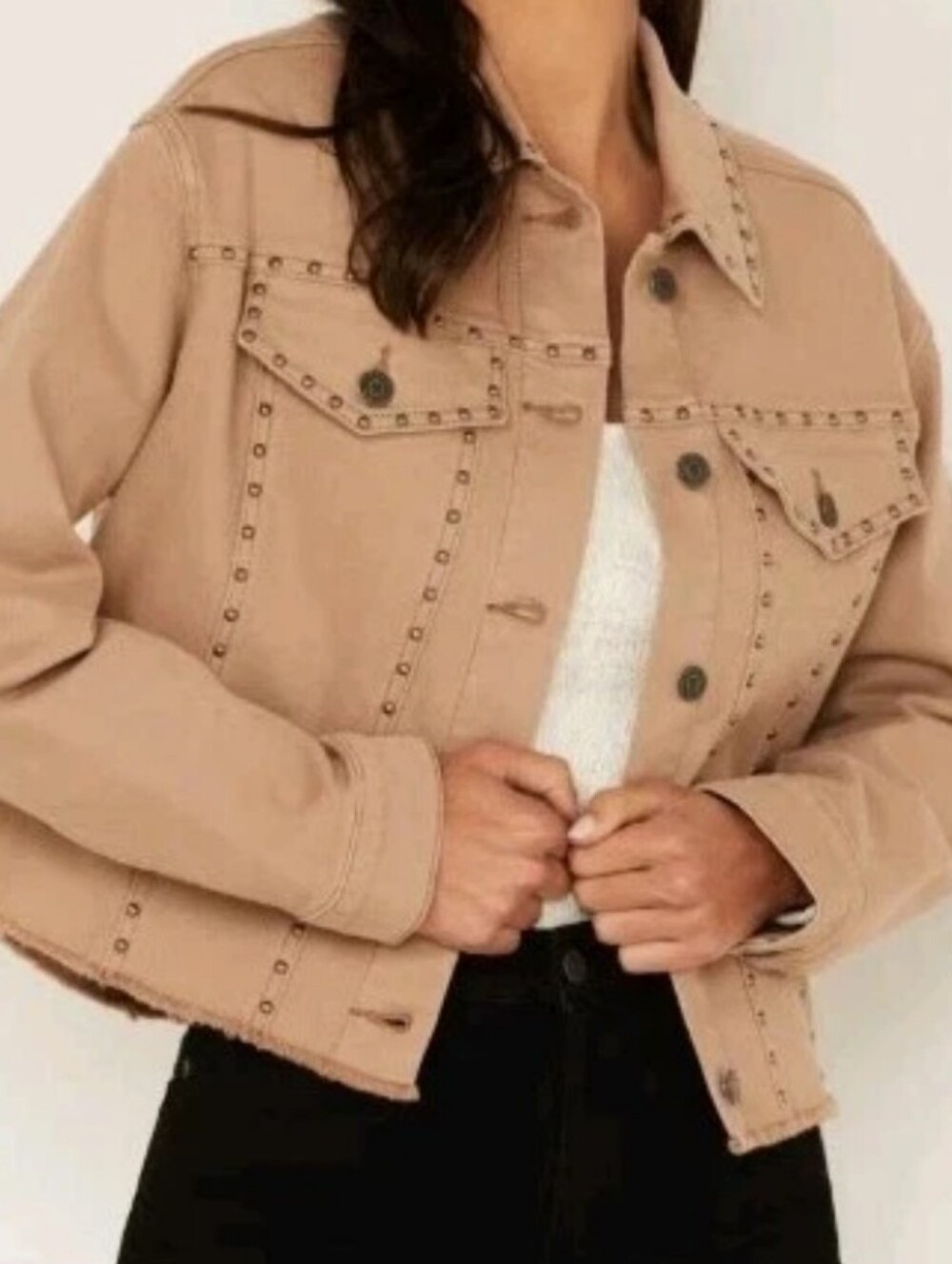 Idyllwind Studded Cropped Jean Jacket Large Mushroom Brown Raw Hem Button Front